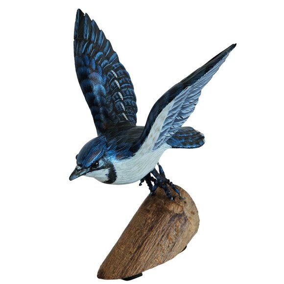 Handcrafted Blue Jay Bird Figurine On Wooden Base - Picture 1 of 12